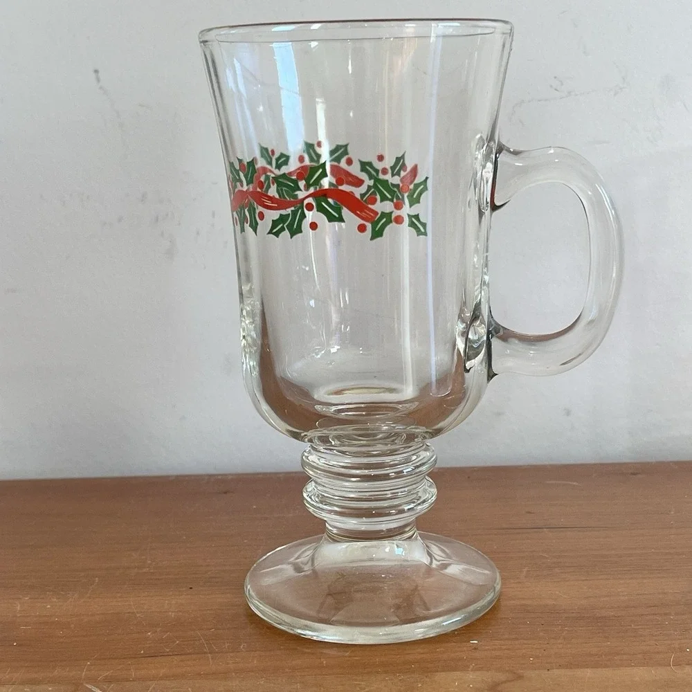 Set Of 2 Vintage Libbey Irish Coffee Mugs Christmas Holly Berry Ribbon Gold Band